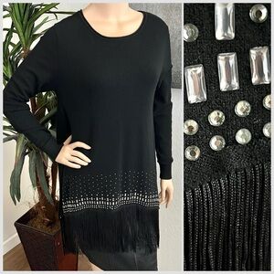 Black Embellished Sweater with Fringe Hem – Rhinestones, Studs & Glam Detail